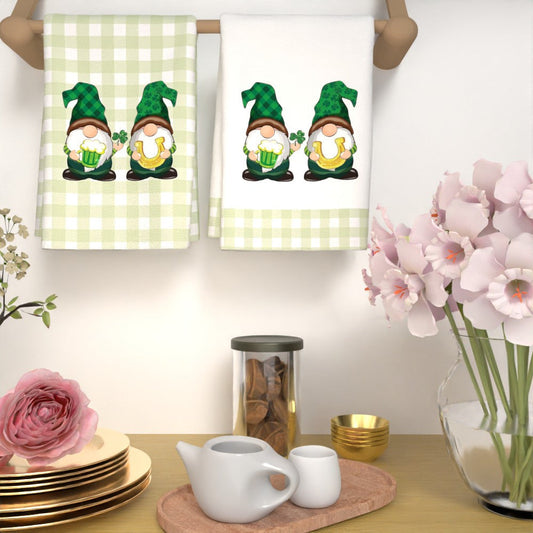 Two whimsical gnome St. Patrick's Day kitchen towels are included in this set. They measure 45.72x66.04cm and are made of soft, quick-dry, and highly absorbent polyester material. The decorative tea towels feature a green checkered background, perfect