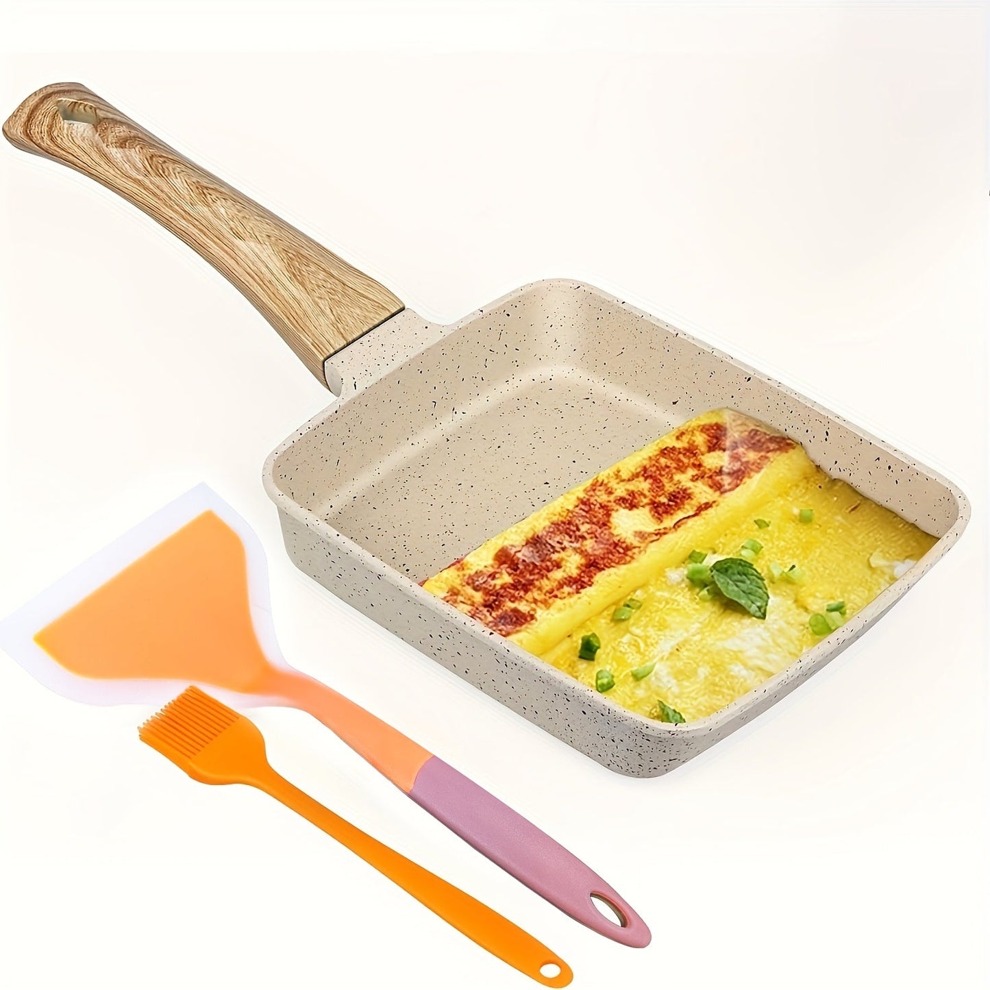 Tamagoyaki Pan Set with Non-Stick Aluminum Rectangular Frying Pan, Includes Silicone Spatula & Oil Brush, Ideal for Making Eggs & Pancakes, Hand Wash Recommended