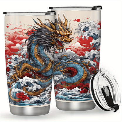 Stainless steel tumbler featuring a 3D dragon design, leak proof and BPA free. Vacuum insulated for outdoor activities. Ideal gift for holidays and birthdays.