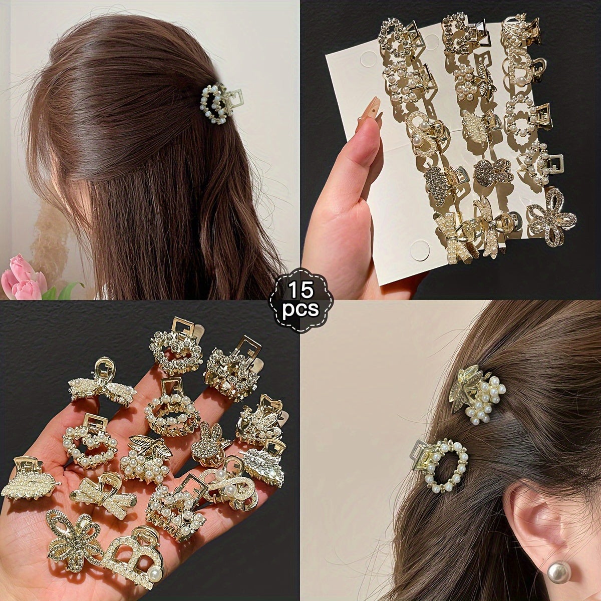 15pcs Women's Imitation Pearl Hair Grab Clips for Side and Back of Head