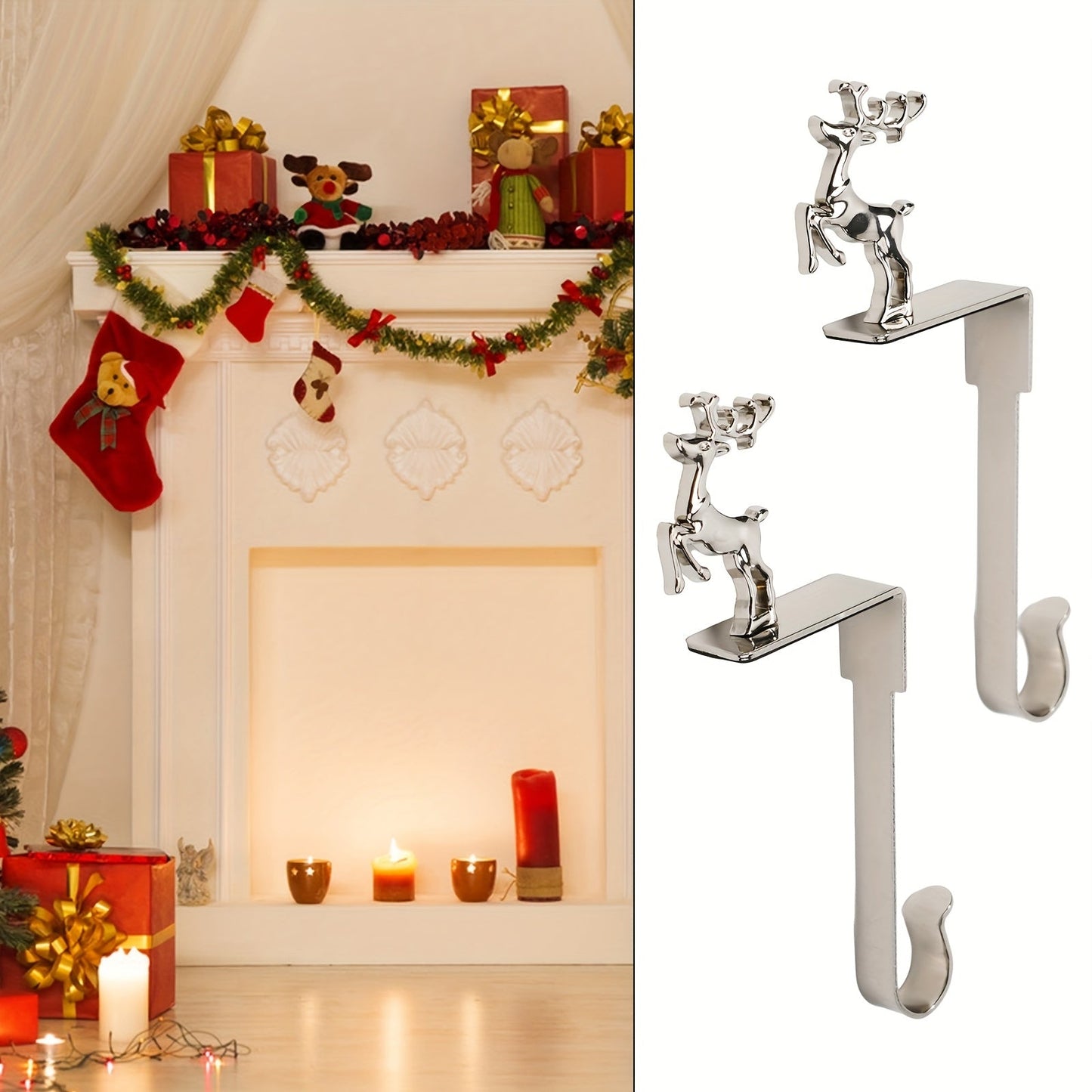 Set of 2 Christmas Mantel Stocking Holders - Stainless Steel with Silvery Finish, Decorated with Santa Claus, Snowman, Elk, and Snowflake Designs, Complete with Hooks