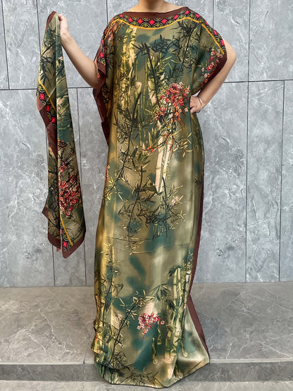 Stylish plus size maxi kaftan dress with crew neck and short sleeves made of comfortable polyester fabric. Loose fit with all-over print design, perfect for summer beach and outdoor events.