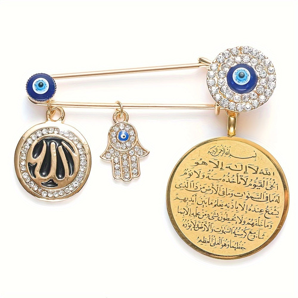 Arabian style Turkish evil eye brooch featuring Fatima hand design, a fashionable and protective amulet for Muslim men. Perfect as a gift for Islamic individuals.