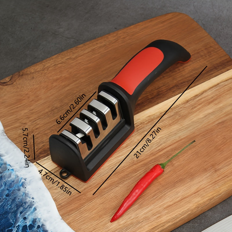 Portable 4-in-1 knife sharpener for kitchen and outdoor use, no power required.