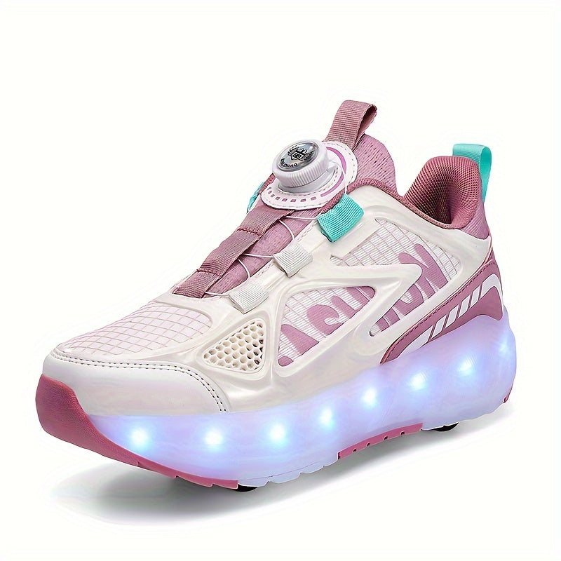 Fashionable roller skates designed for girls under 14 with detachable wheels, LED lights, breathable fabric, and a secure closure.