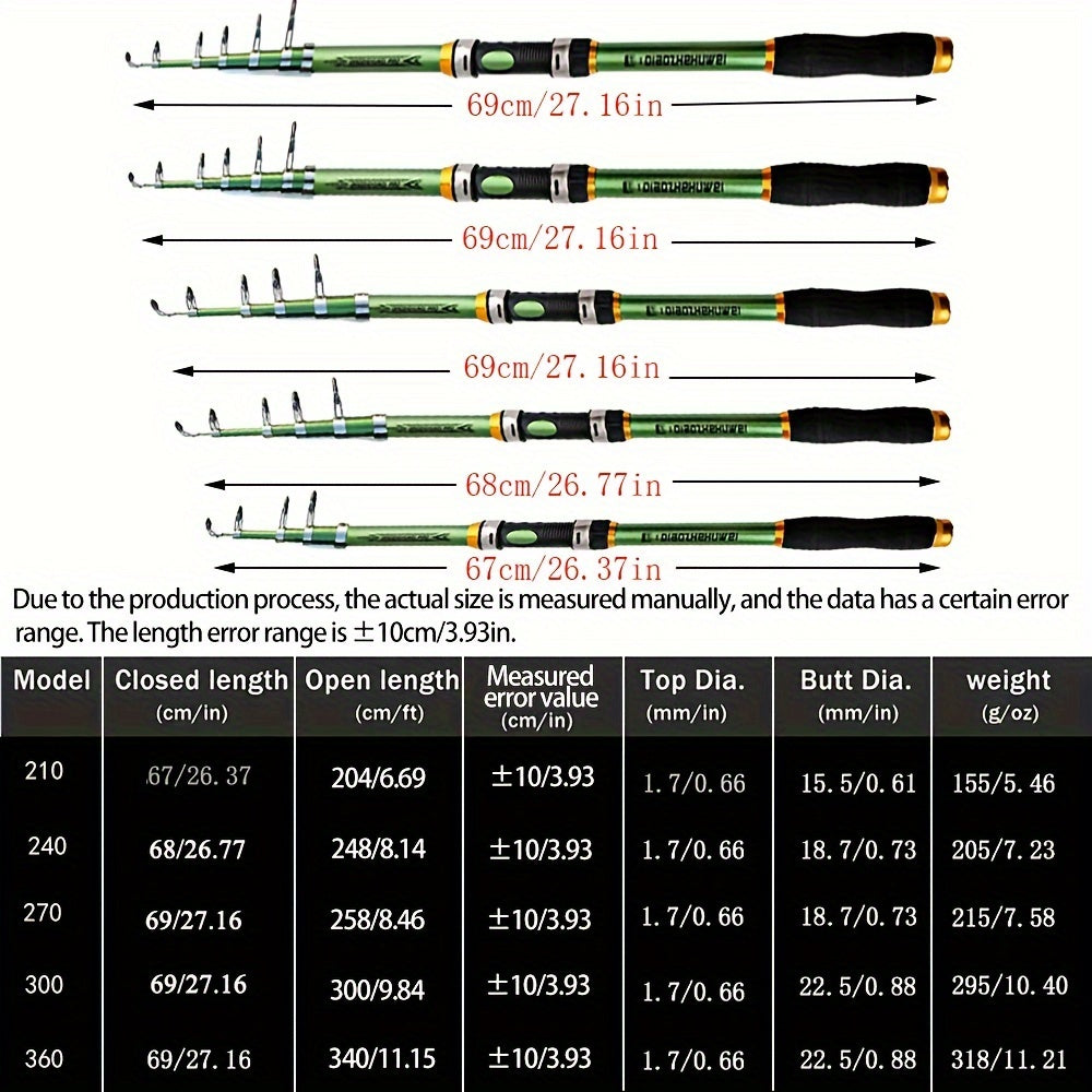 Telescopic fishing rod made of carbon fiber and FRP, 30-70cm extendable with green and black design. Features comfort foam handle and durable ceramic and stainless steel reel seat. Ideal