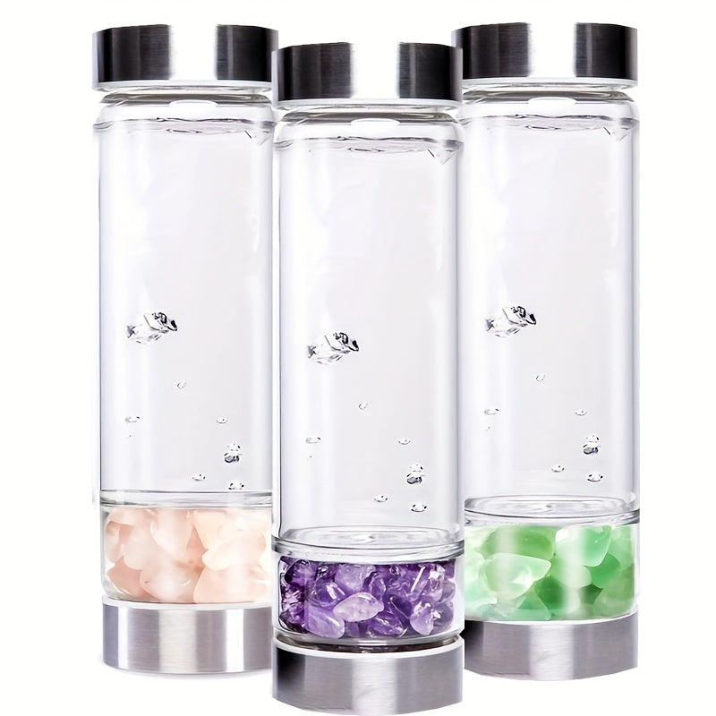 Water bottle with glass construction, removable amethyst, and protective cover included.