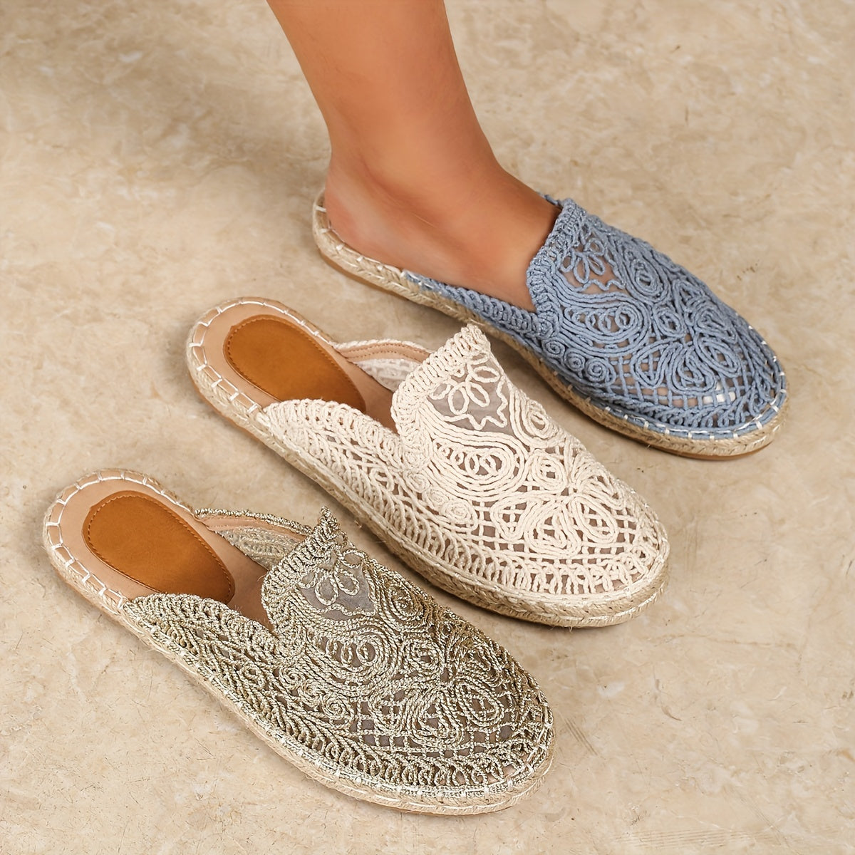 Huizhou's Summer Floral Mules for Women: Lightweight vacation slides with embroidered detailing, round toe, and flat heel, ideal for the beach.