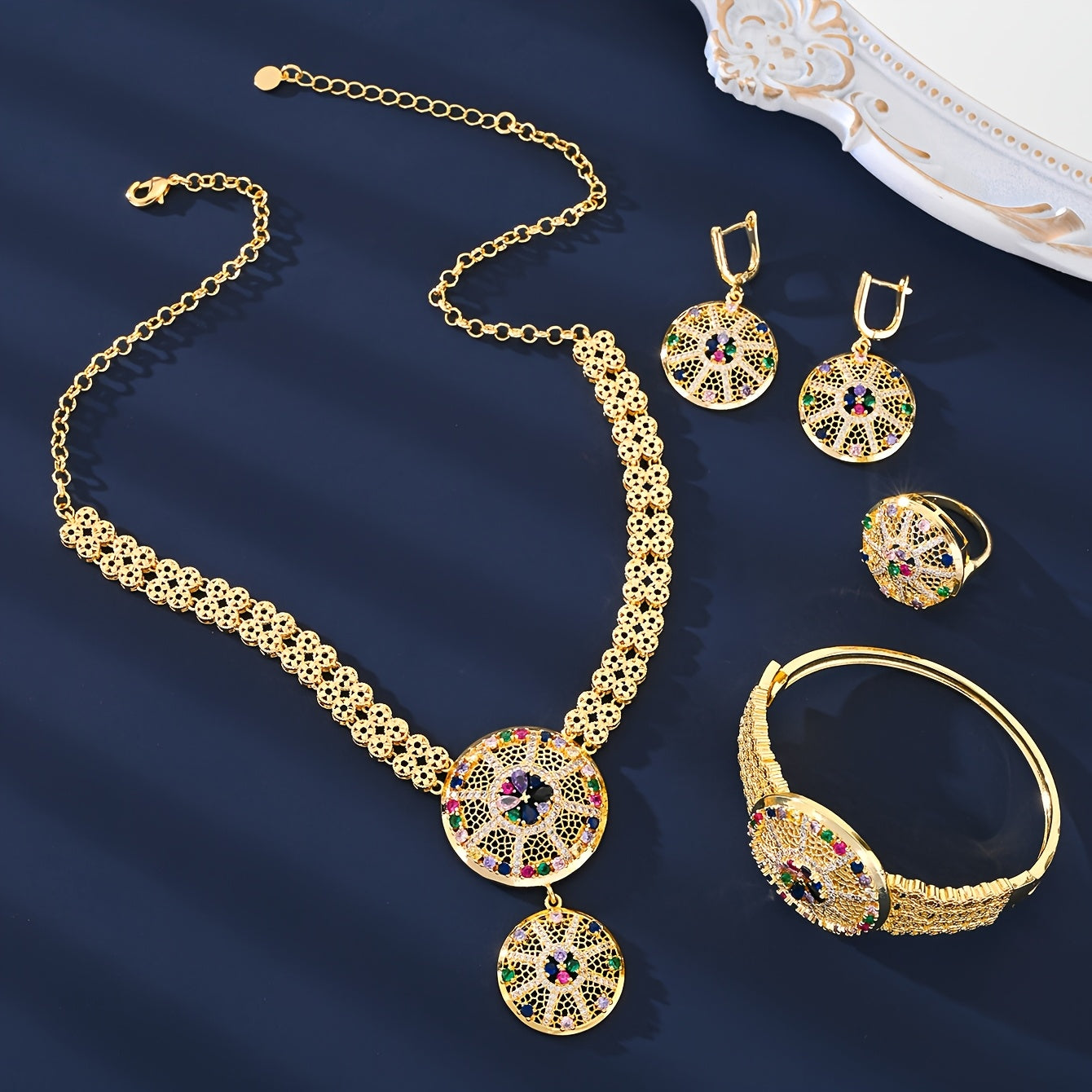 Exquisite 4-Piece Jewelry Set with an Arabian Vintage Touch - Crafted from 18K Gold-Plated Copper adorned with Vibrant Zirconia Stones. Set includes Ring, Earrings, Necklace, and Bracelet - Ideal for Wedding and Festive Occasions