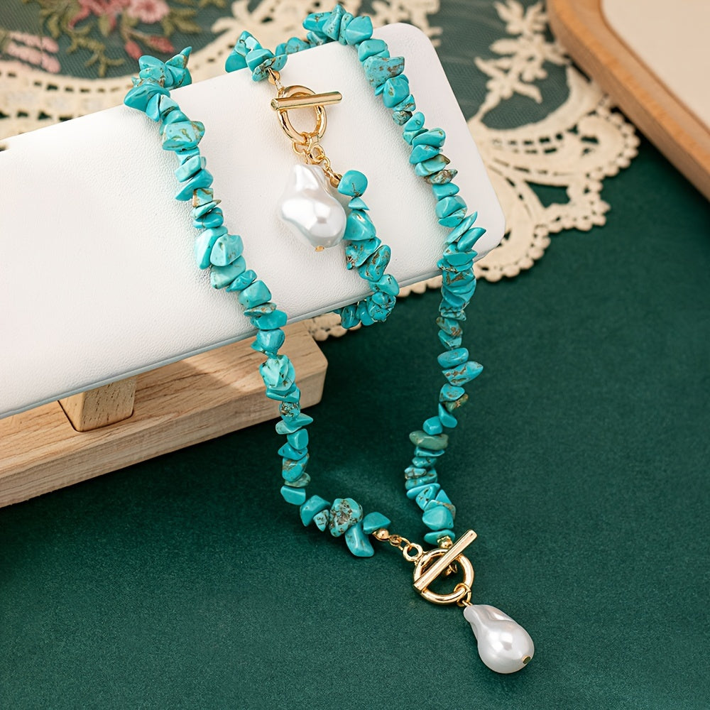 Vintage-Inspired Turquoise & Faux Pearl Pendant Necklace and Bracelet Set - Chic Bohemian Style, Ideal for Everyday Wear or Gifting