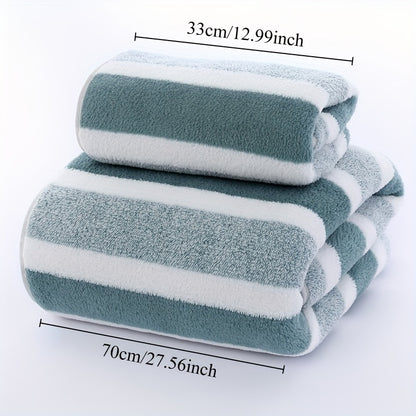 1 Set of Coral Fleece Bath Towels, 100% polyester, 239gsm, soft and absorbent with striped design and edging, perfect for face and body, including wash cloths.