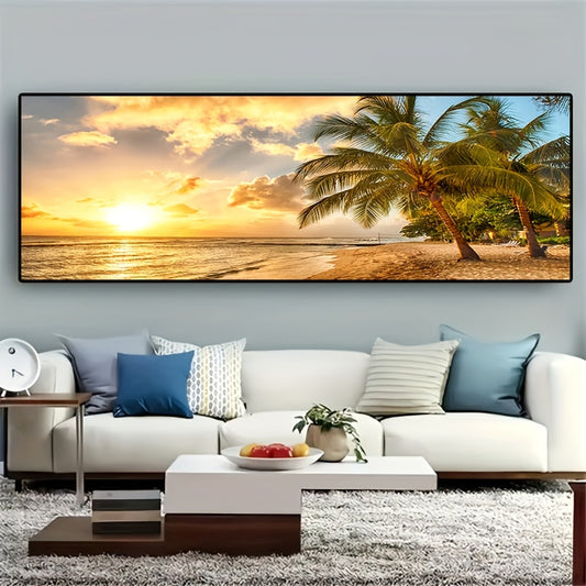 Large Modern Ocean View Coastal Canvas Painting featuring a palm tree, ocean, and sunset. Perfect for decorating a living room. Frame not included.