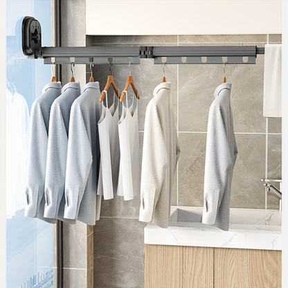 1pc Expandable Metal Clothes Drying Rack with Suction Cups, Foldable and Detachable Wall-Mounted Laundry Hanger, Telescopic Pole for Home or Outdoor Use.