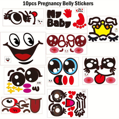 This set includes 10 Pregnancy Belly Stickers, featuring fun expressions for maternity photos. They are a unique novelty gift for expectant mothers, suitable for ages 14 and up. Made from high-quality paper, these stickers are a memorable keepsake for