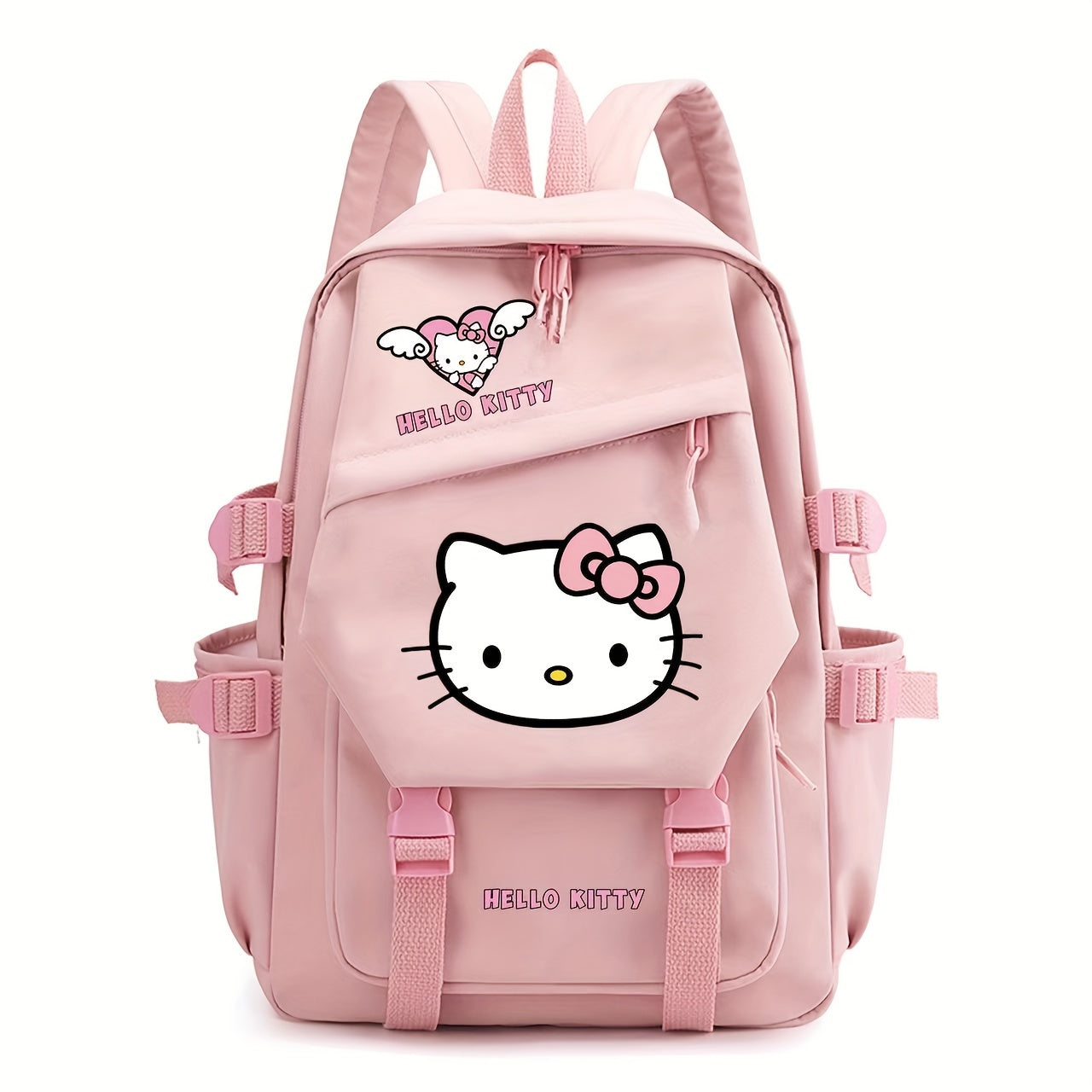 Sturdy Hello Kitty backpack with padded straps, multiple compartments, and reinforced bottom for school or travel.