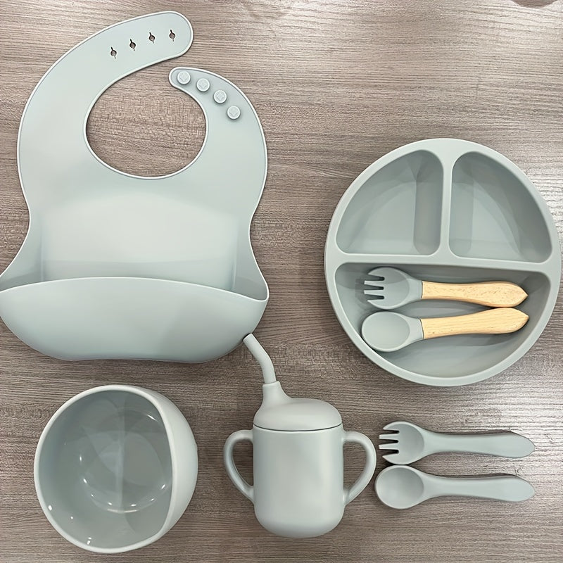 Silicone Baby Feeding Set by WHZWYK - Safe for Microwave & Oven - Suitable for Ages 0-3 - Complete with Suction Plate, Soft Bowl, Spoons, Forks, Adjustable Bib, Snack Cup - Ideal for Self-Feeding