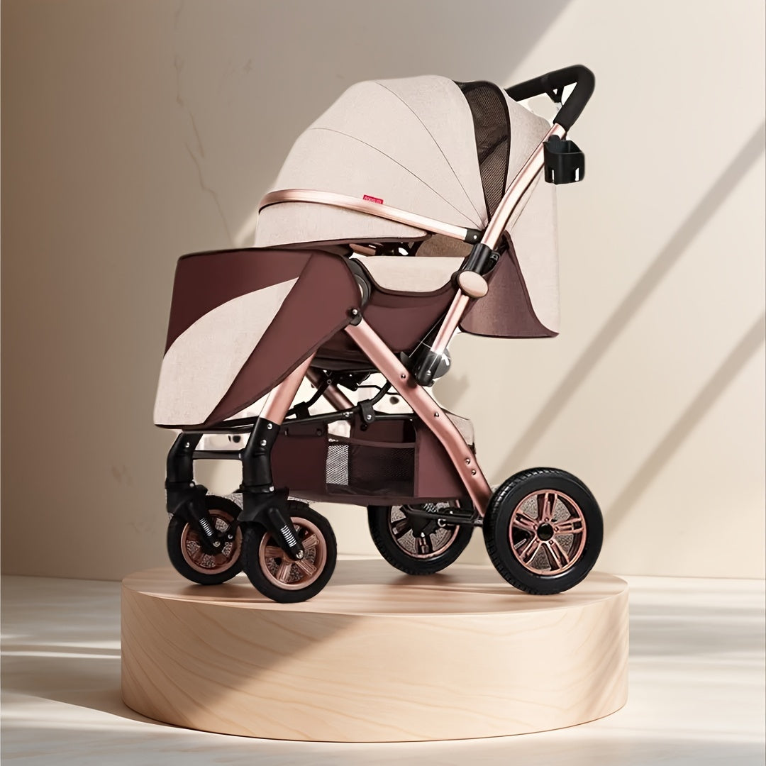 Elegant khaki and brown striped stroller for kids with high carbon steel frame, one-handed fold, storage bag, canopy, front-facing design, single seat, flat recline, perfect for everyday