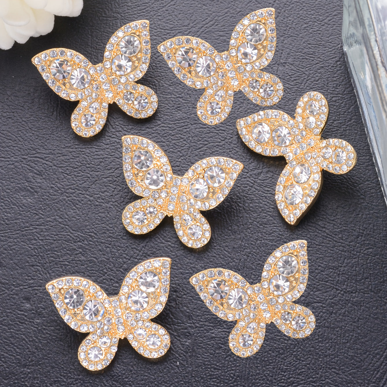 French-inspired butterfly buttons with rhinestones, set of 5/6 - made from metal alloy, hand-sewn decorative fasteners for shirts, sweaters, suits, coats, and windbreakers. Comes with a gift box, ideal for DIY fashion accessories.