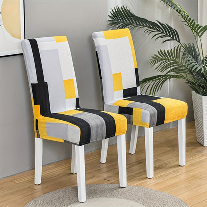 Set of 4/6 elastic dining chair slipcovers with geometric print for home, hotel, restaurant, banquet decor protection.