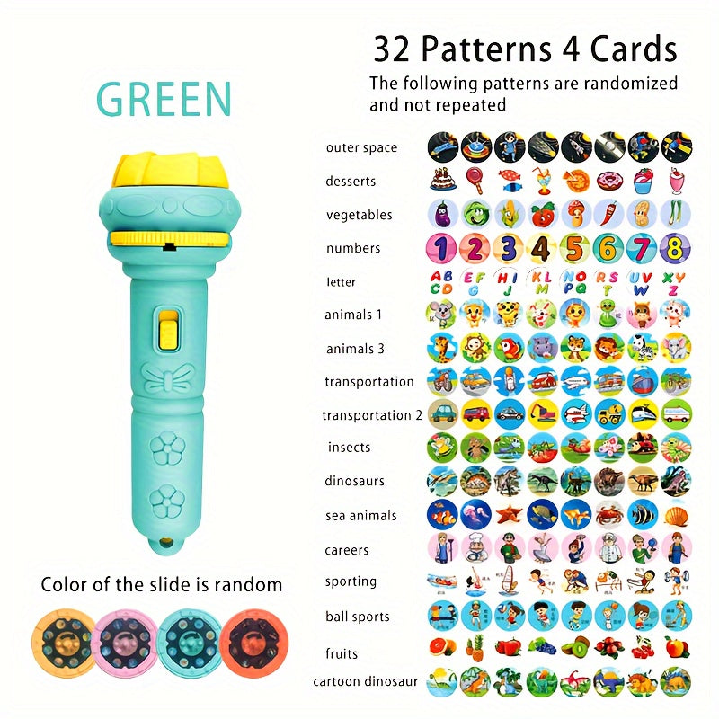 Projection flashlight for kids with 32 patterns featuring animals, dinosaurs, cars, and space for fun learning and bedtime education.