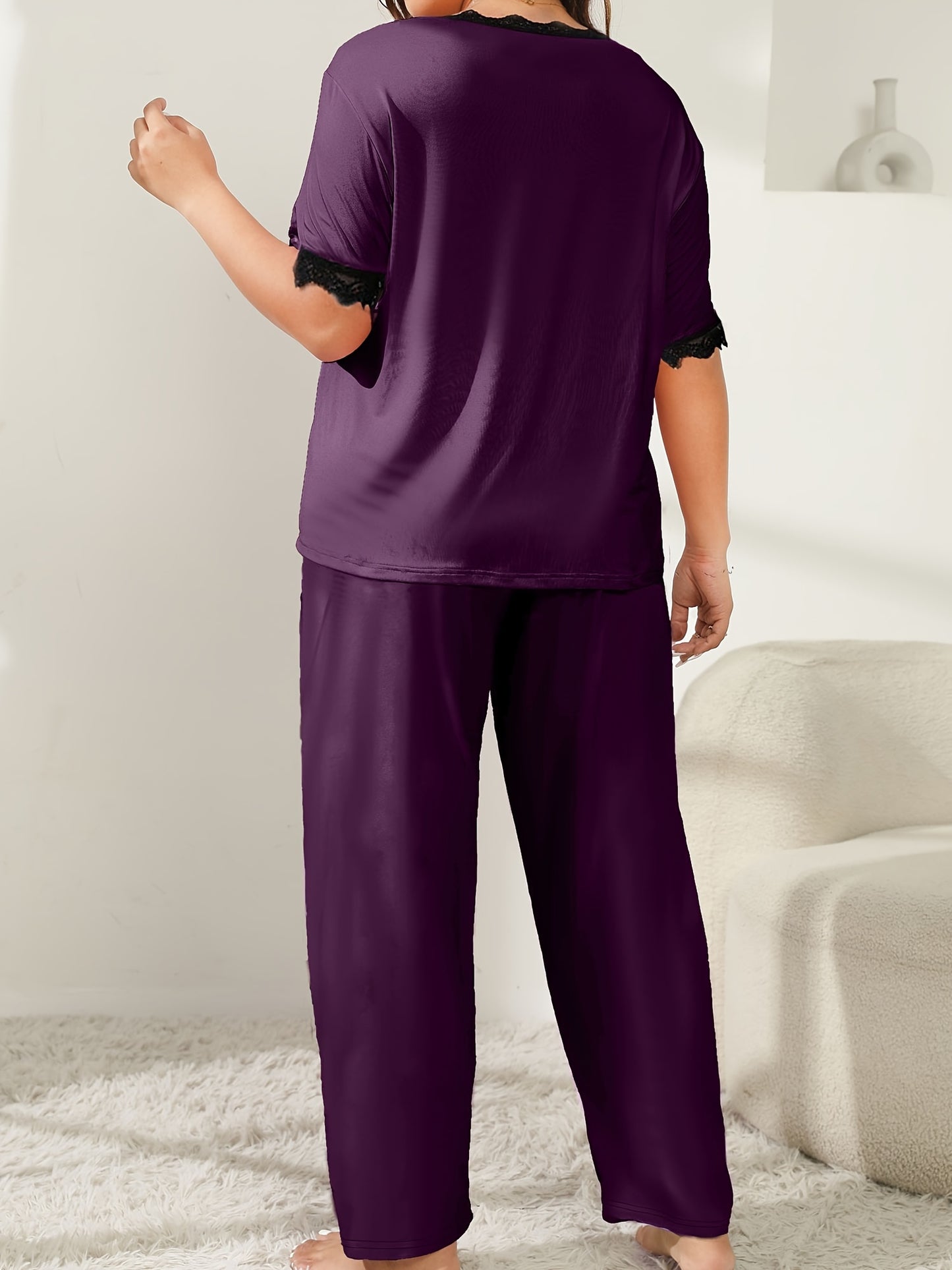 Stylish plus size V-neck pajama set with lace trim, made of polyester knit, suitable for all seasons; available in plaid and pants set.