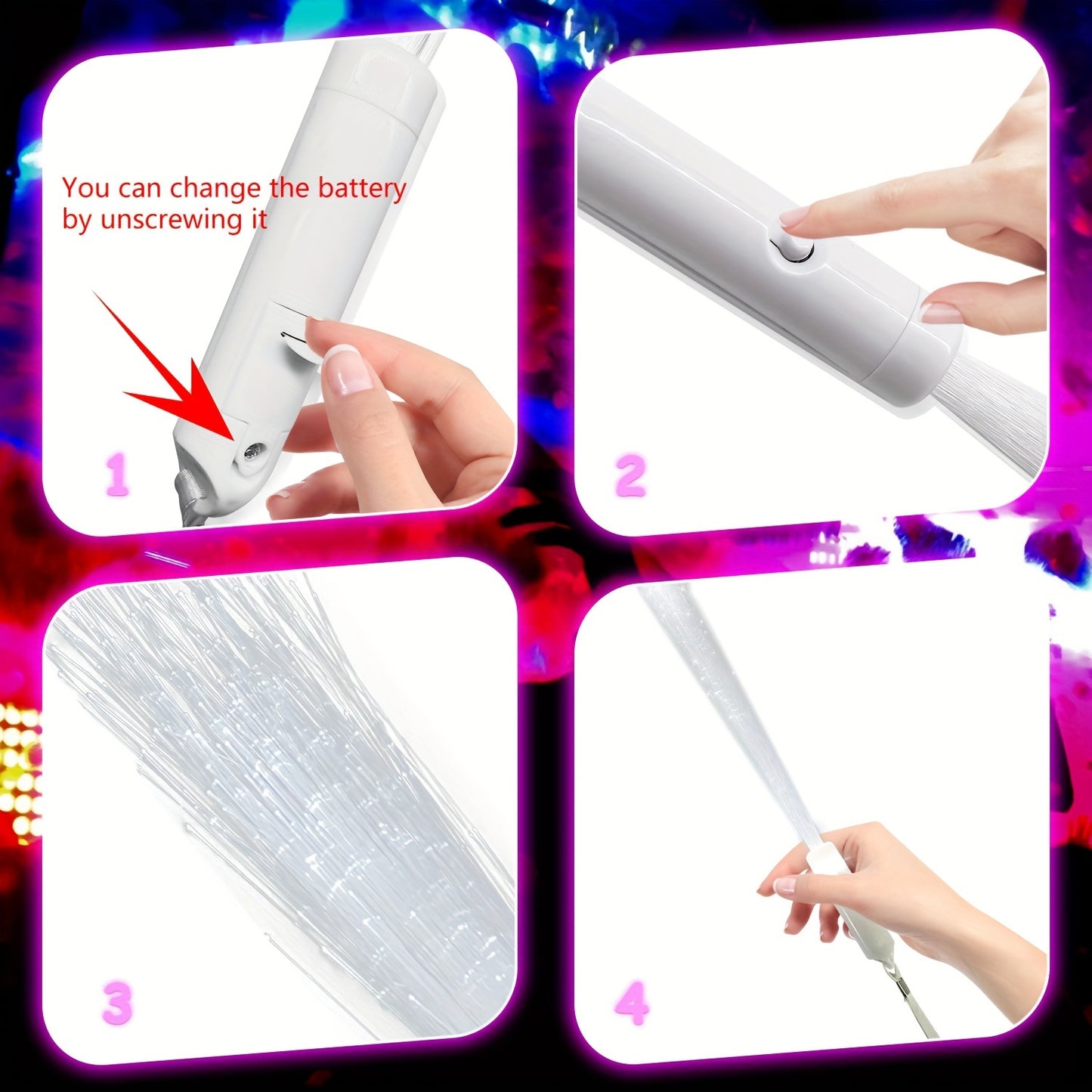 White LED flash fiber rod with colorful handle for concert parties. Light color is random.