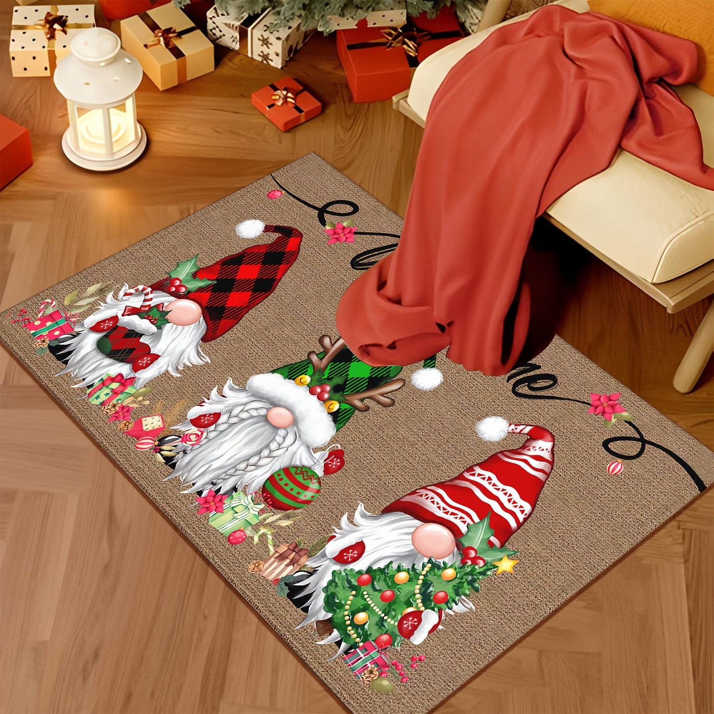 Celebrate the Holidays with This Festive Christmas Gnome Welcome Doormat! Made from Durable 100% Polyester, this 6mm Thick Mat Features Three Adorable Gnomes with Seasonal Charms. The Non-Slip Rubber Backing Keeps it Securely in Place, and it's Machine