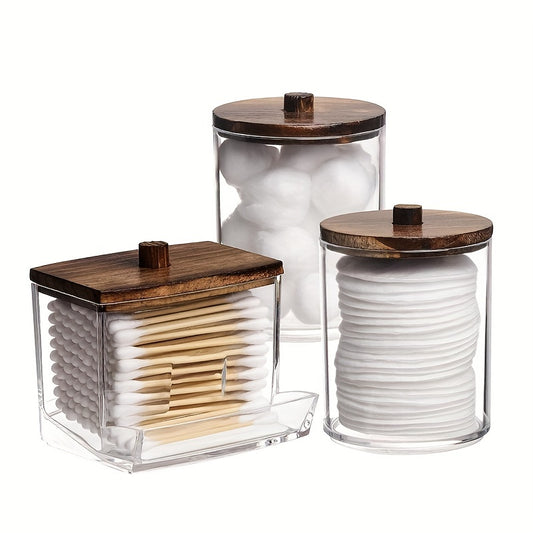 Vintage style plastic bathroom containers with wooden lids, set of 3, includes 10/7 oz apothecary jar organizers and window-view storage box. Perfect for organizing Q-tips, balls, and swabs. Ideal for home organization.