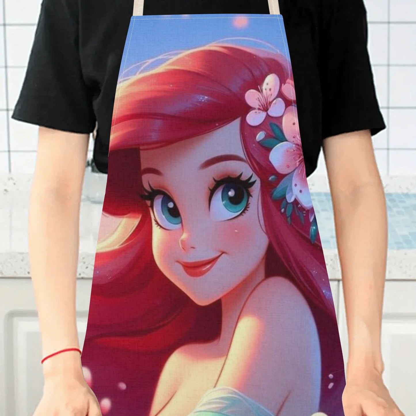 Elegantly stylish 1pc Disney Elsa Princess Cartoon Printed Apron, made with waterproof polyester woven fabric featuring a floral pattern. Perfect for use in the home, hotel, supermarket, restaurant, fruit shop, and milk tea stand.