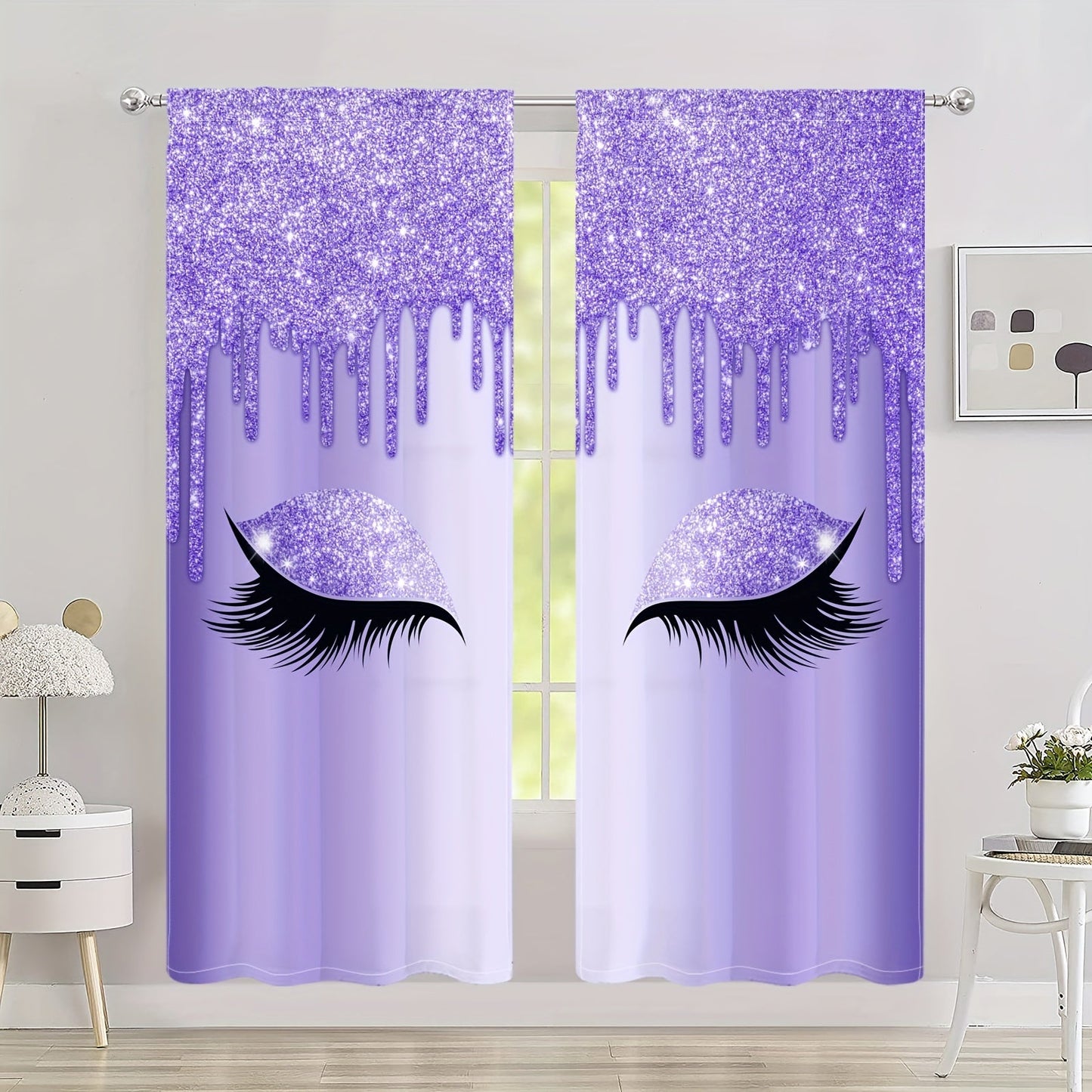 Set of two Eyelash Printed Curtains, Rod Pocket Window Treatments ideal for Bedroom, Office, Kitchen, Living Room, Study, and Home Decor. Enhance your room with stylish and aesthetic decorative curtains.