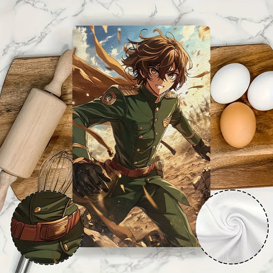 Two ultra-soft kitchen towels depicting a charming anime boy with brown hair in a green uniform, leading his troops to victory. These dish towels are highly absorbent and ideal for holiday decoration. They can be easily cleaned in the washing machine and