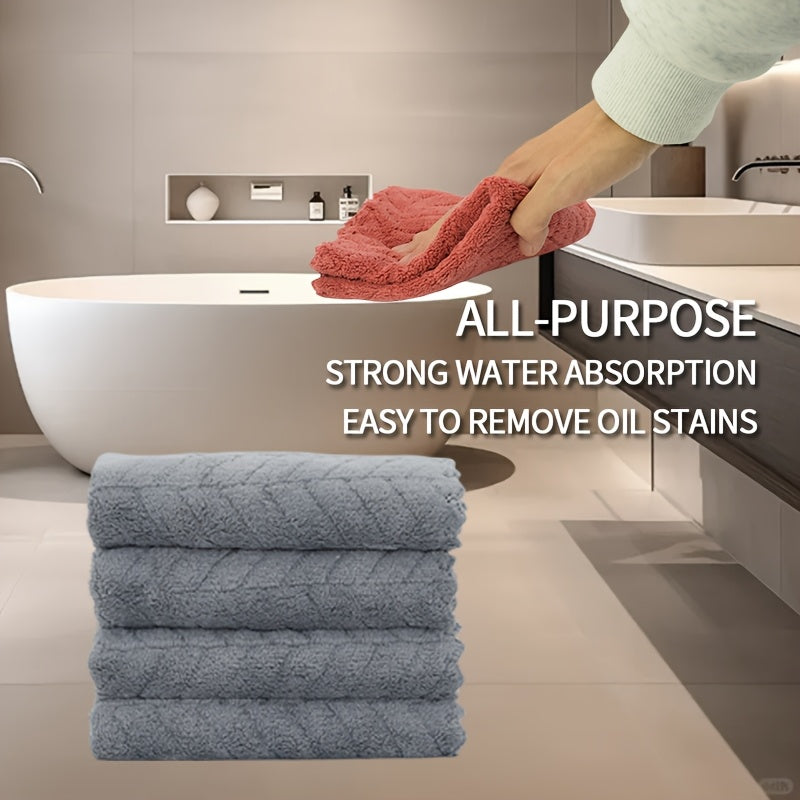 Set of 4 square towels measuring 27.94*27.94cm. Soft, absorbent, versatile for bathroom and household use.