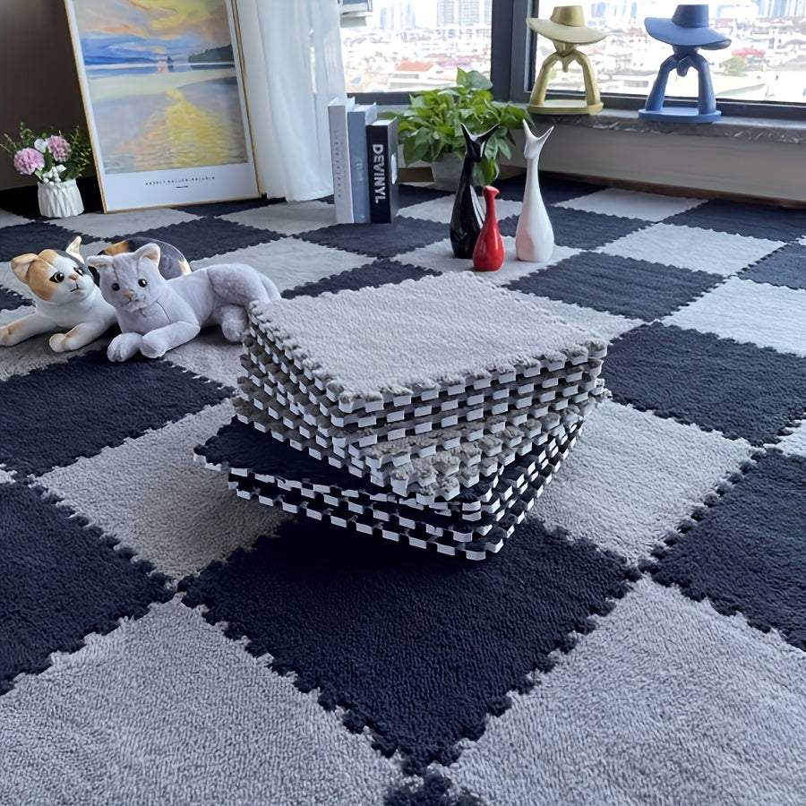 Soft and fluffy area rug set consisting of 36 plush interlocking foam tiles. Hand washable and machine made with polyester and EVA materials. Non-slip modular carpet perfect for living room or bedroom. Each tile measures 29.97 x 29.97 cm.