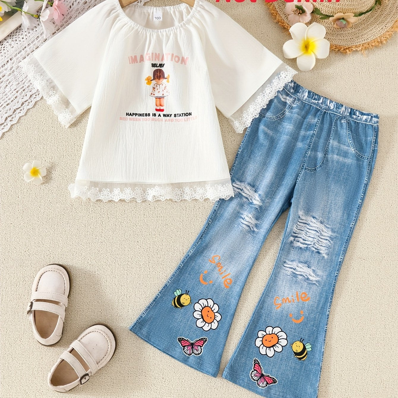 Stylish girls' summer outfit with lace-trimmed top and faux denim pants, machine washable, perfect for outdoor wear.