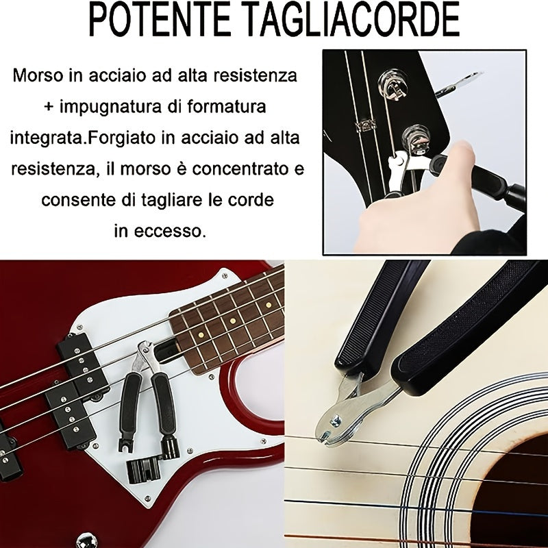 Multifunctional guitar pin winder tool for adjusting and repairing guitar strings, suitable for various string instruments.