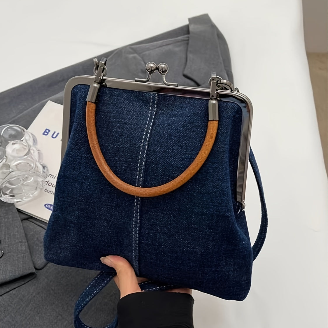 Handcrafted Denim Crossbody Bag for Women with Clasp Closure and Wooden Handle, Handmade Jeans Purse that Folds, Tassel Accents in Solid Blue, Polyester Lining, Painted Edges - Stylish Artisan Messenger Bag Ideal for Festive Gifts