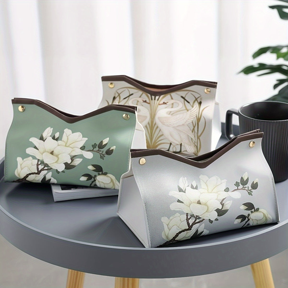 PU leather tissue box with floral print, suitable for bathroom or living room décor.