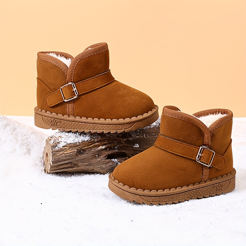 Children's winter boots with cozy fleece lining, warm and breathable, slip-on style with metal buckle straps, available in black and brown for boys and girls.