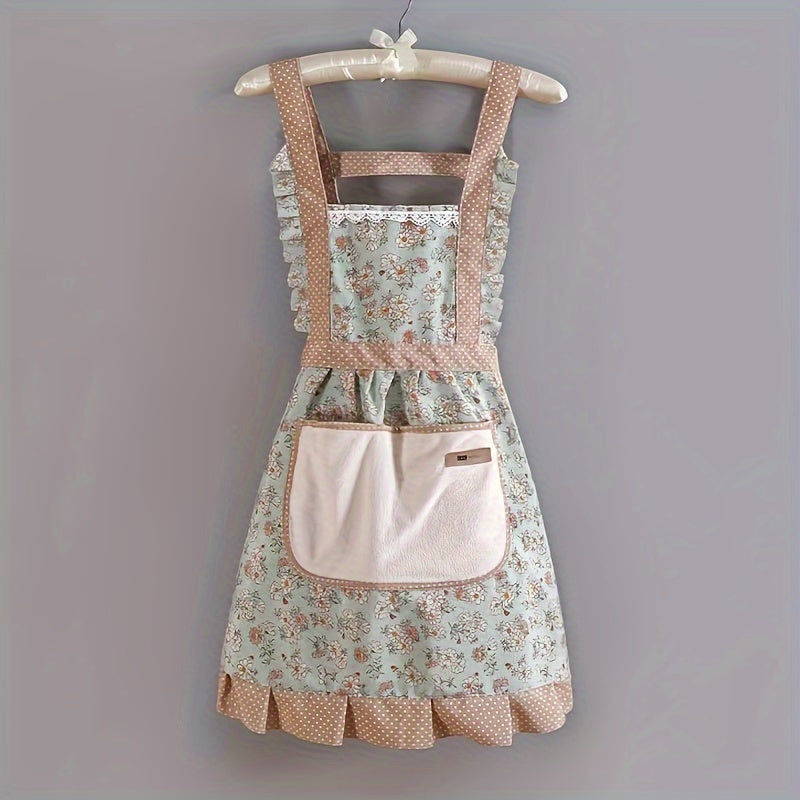 1pc Floral Lace Princess Apron with Hand Wipe Pocket - Ideal for Cleaning in Kitchen, Living Room, Bathroom