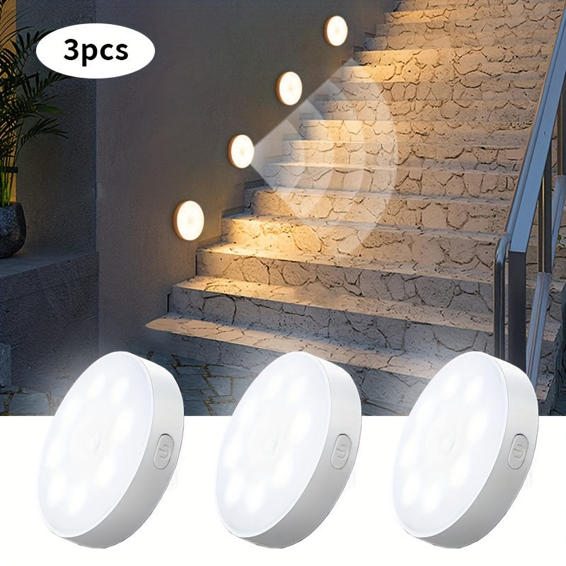 3-Pack of AMILL Motion Sensor Step Lights with 8 LEDs, Indoor USB Rechargeable Sconce. Features dimmable light, wide infrared induction, semi-flush mount, and plastic shade. Battery powered (250mAh) for wardrobe, entrance, corridor, balcony, and reading