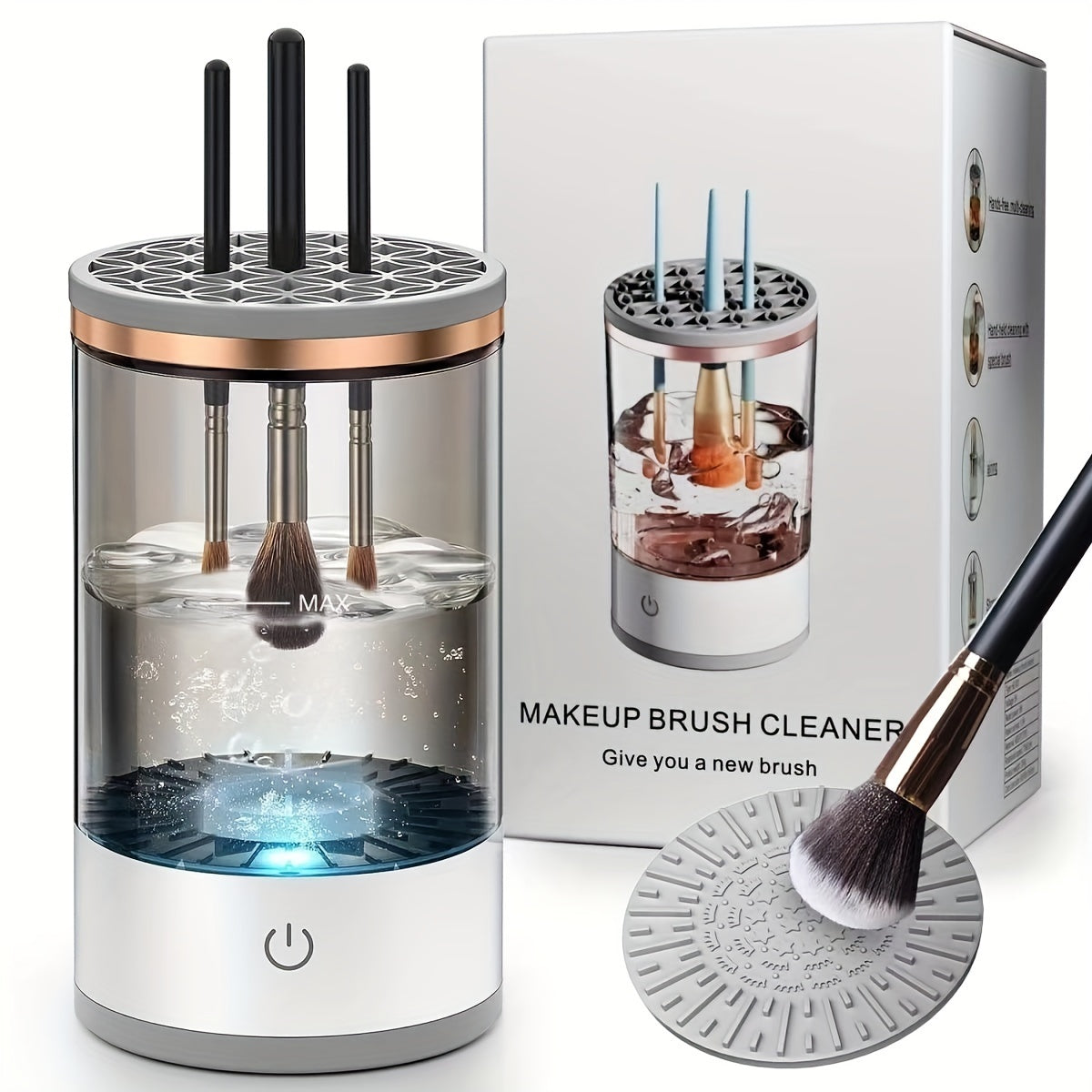 USB-powered makeup brush cleaner for returning to school; no batteries required, odorless, essential beauty tool accessory.