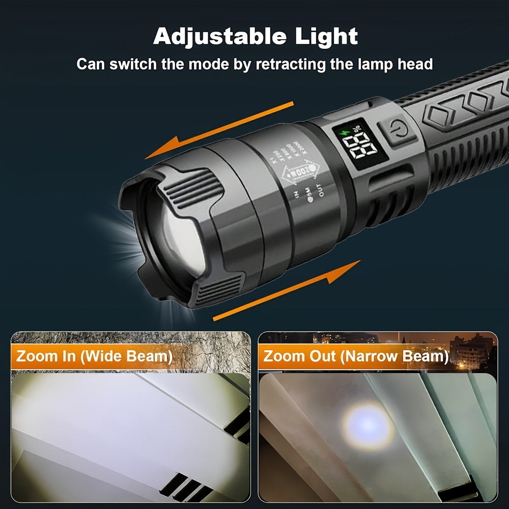 800mAh rechargeable P50 LED flashlight with zoom, USB charging, and polished metal finish - ideal for night activities like walks, fishing, and camping.