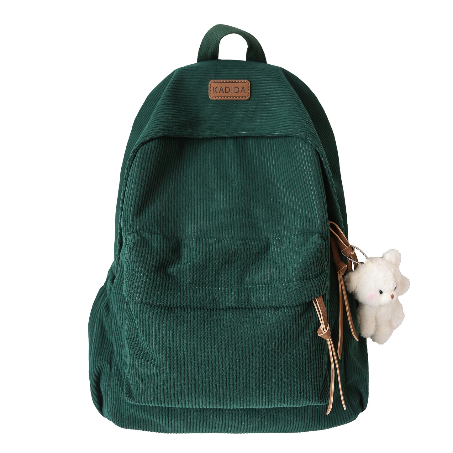 Large capacity women's corduroy backpack with cute bear pendant, ideal for high school and junior high.