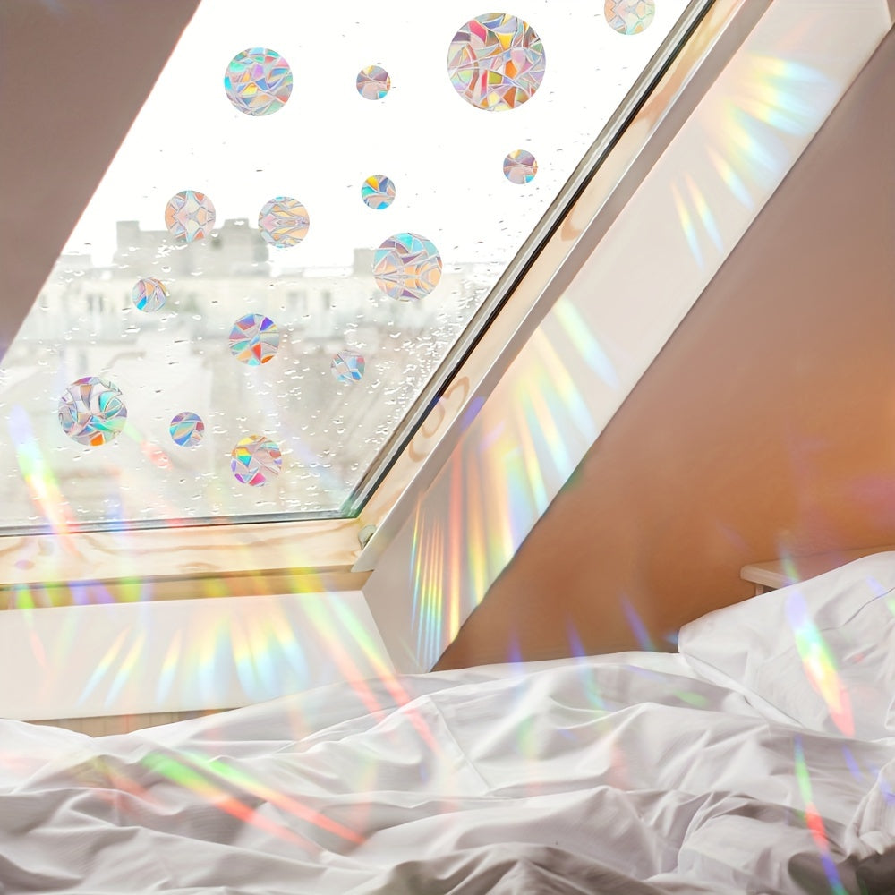 Add a touch of color to your windows with our set of 13 Rainbow Star & Circle Window Clings. These reusable, non-adhesive prism decals are perfect for glass doors and windows, providing a bird-safe anti-collision film. Elevate your contemporary home