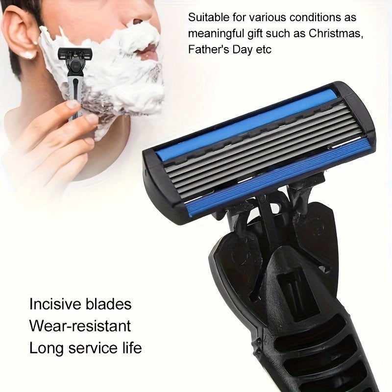 Men's manual shaver set includes 1 handle and 6 replacement blades for a 6-layer stainless steel safety razor.