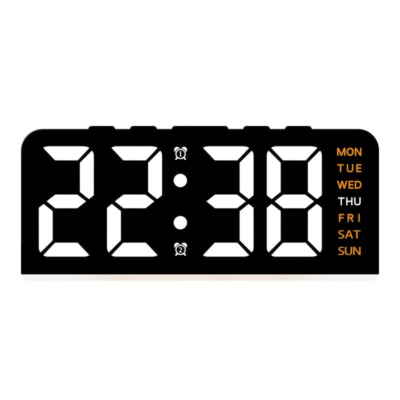 Digital LED Alarm Clock with USB power, sleek black plastic frame, dual time display, modern design for bedroom decor. Battery-operated (AAA not included).