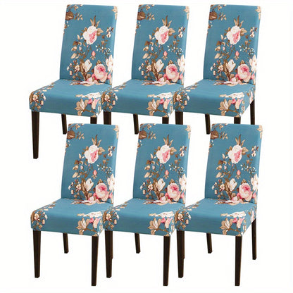 Printed stretch chair slipcovers in 4 or 6 pieces, ideal for dining chairs in various settings.