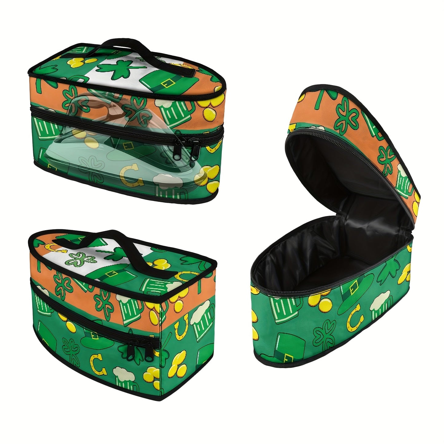 Portable ironing bag with St. Patrick's Day cloverleaf design, perfect for travel or storage. Features top handle and double zipper for easy access. Made of polyester material, dust proof. Ideal holiday gift for anyone in need of a stylish accessory.