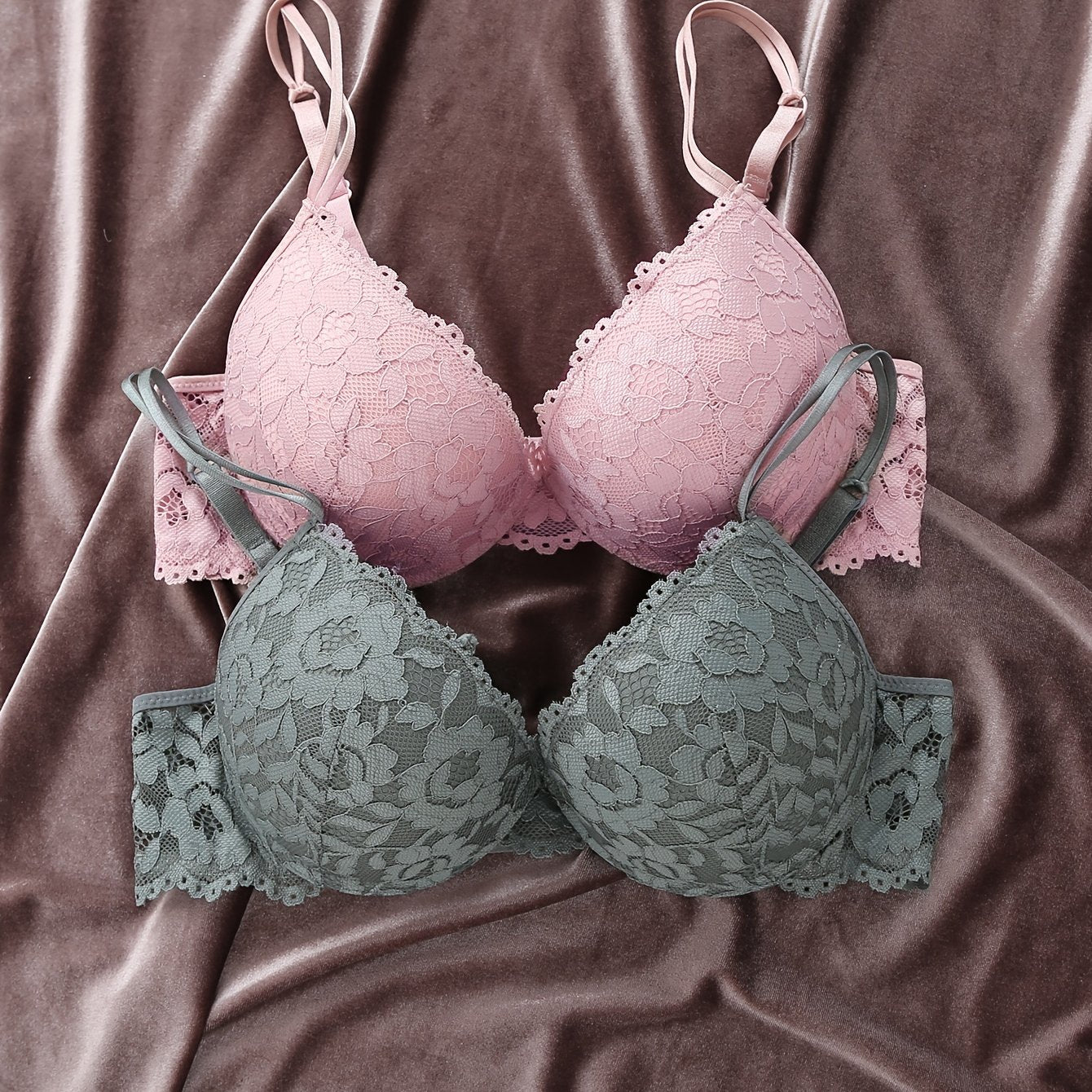 2 Simple Solid Floral Lace Push-Up Bras, Women's Breathable Lingerie.