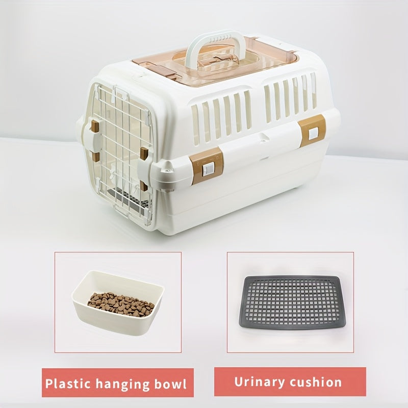 Portable pet air case with hanging bowl, diaper pad, cat storage box, car cage, and large plastic cat cage.